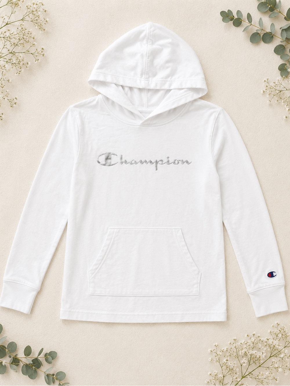 Champion White Hoodie with Silver Script Logo Childs size large